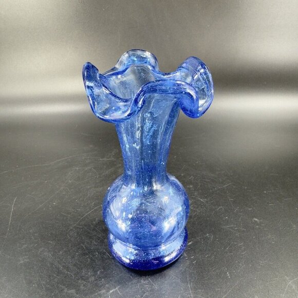 Vintage Hand Blown Cobalt Blue Bud Vase Ruffled Edges Hand Made Glass Decor VTG - Picture 12 of 14